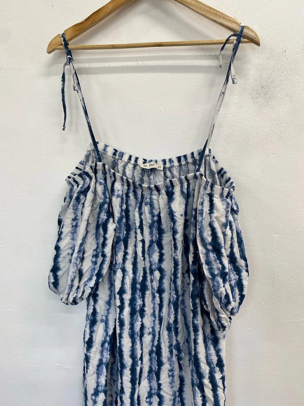 Lovely tu blue white tie dye stripe summer dress UK 20 RG021