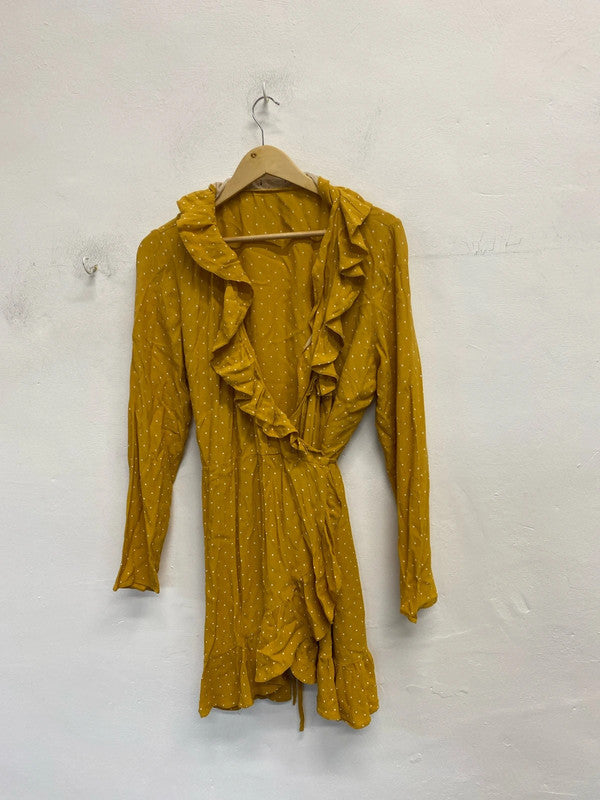 Lovely nobody’s child mustard white spotted frill wrap dress UK 16 LG006