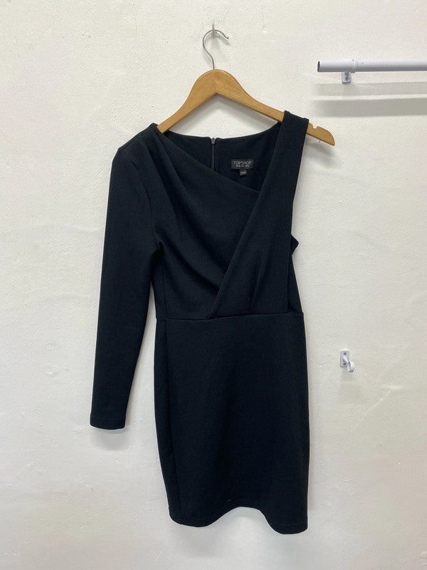 Fabulous TopShop black mini dress assymetric Uk10 Y2K LD003
