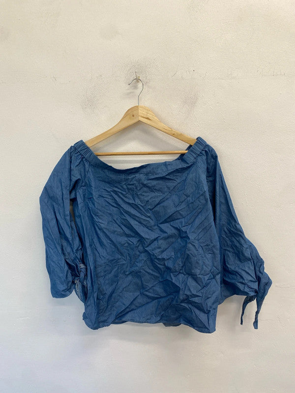 Stunning paper hearts off the shoulder blue denim top UK L MW001