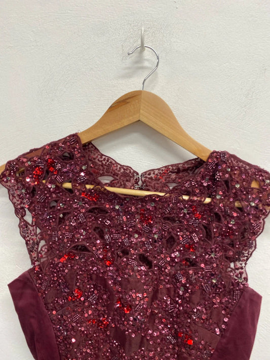 Beautiful French connection burgundy sparkle lace trim midi dress UK S KM004