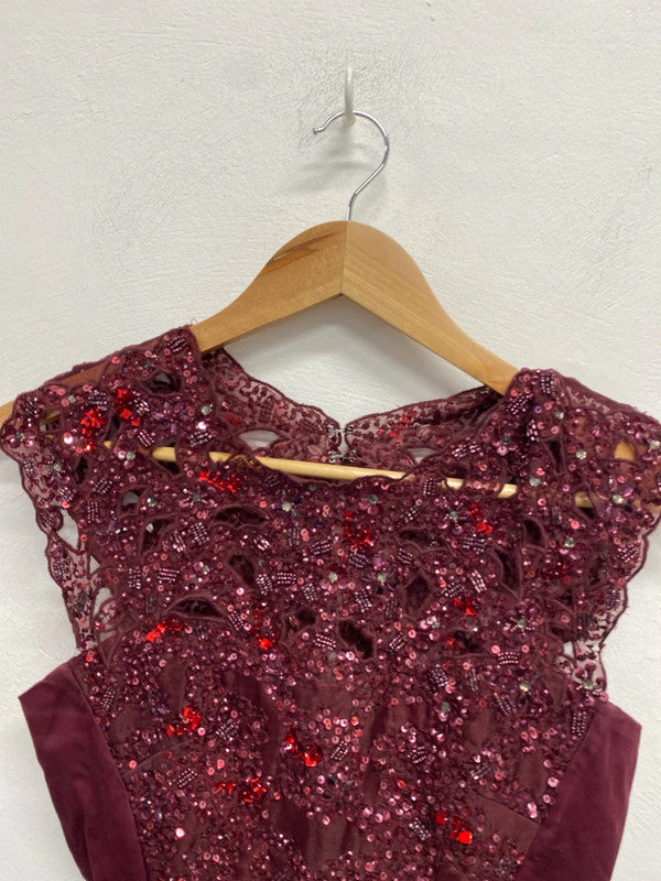 Beautiful French connection burgundy sparkle lace trim midi dress UK S KM004