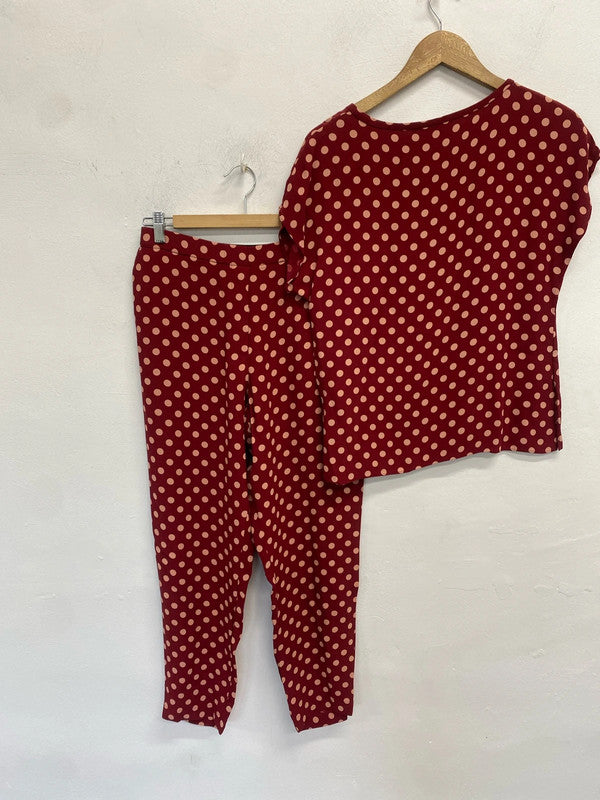 Lovely vanilia red pink polka trouser top set UK 10 SS002
