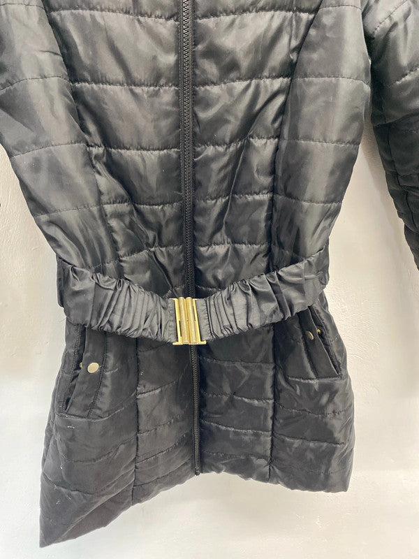 Lovely Vero Moda black puffer belted hooded faux fur midi jacket UK S JH001