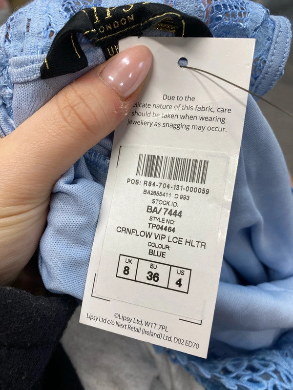 Stunning lipsy London blue lace Halterneck top UK 8 KM004
