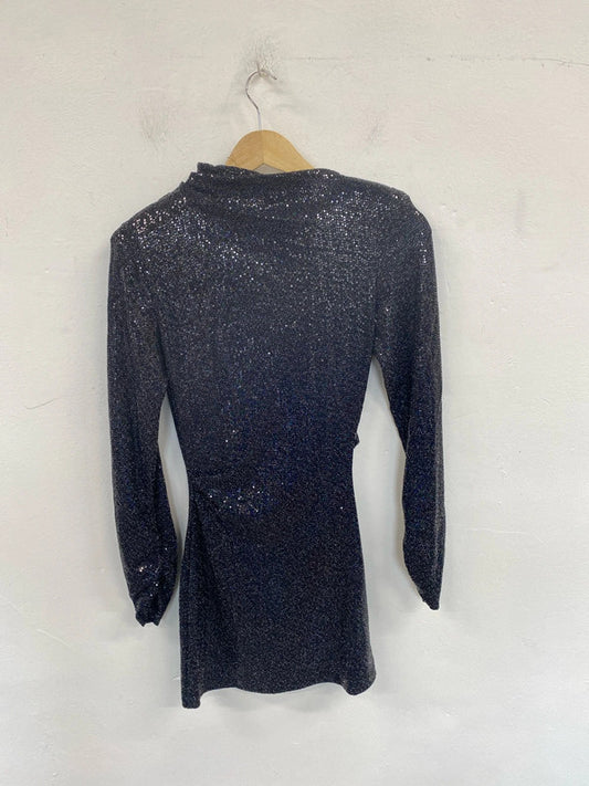 Zara Glitzy Silvery Black Sparkle Asymmetric Mini Dress Size XS SD002