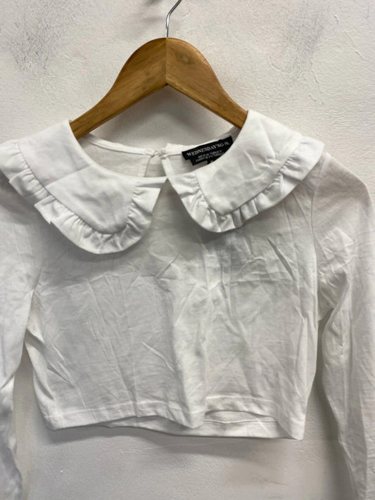 Stunning Wednesdays girl white collared long sleeve crop top UK S JH001