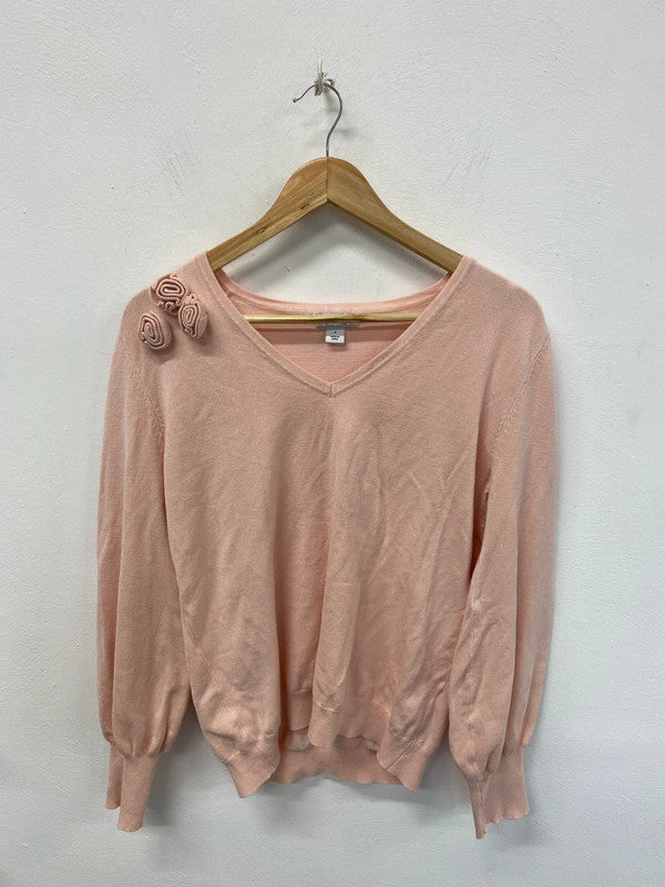 Wallis Elegant Pink Flower Accent V Neck Jumper Size M LR002