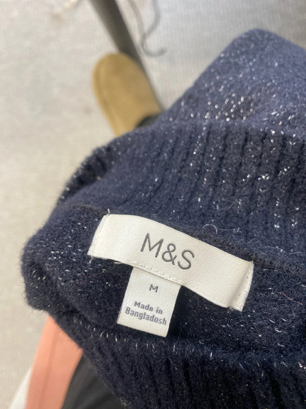 Stunning M&S navy metallic thread knit top UK M SS002