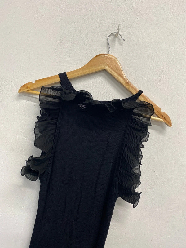 Stunning Zara black ribbed frill neck sleeve dress UK M KS002