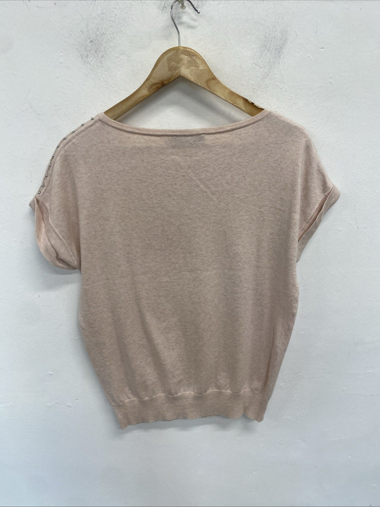 Mint Velvet sheer V spring knit top short sleeve jumper pink beaded UK XS SS004
