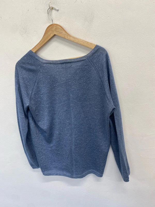 Stunning hush blue metallic thread jumper v neck UK S JP001