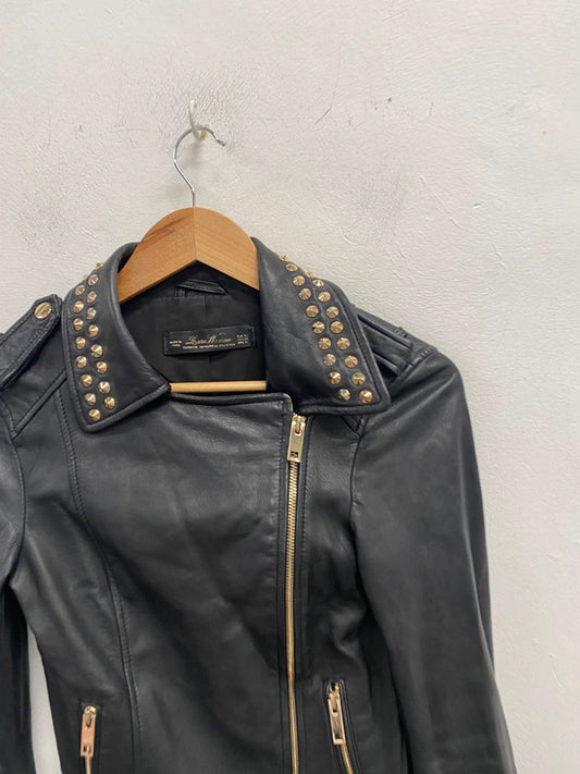 Fabulous Zara women black studded biker jacket UK XS KM004