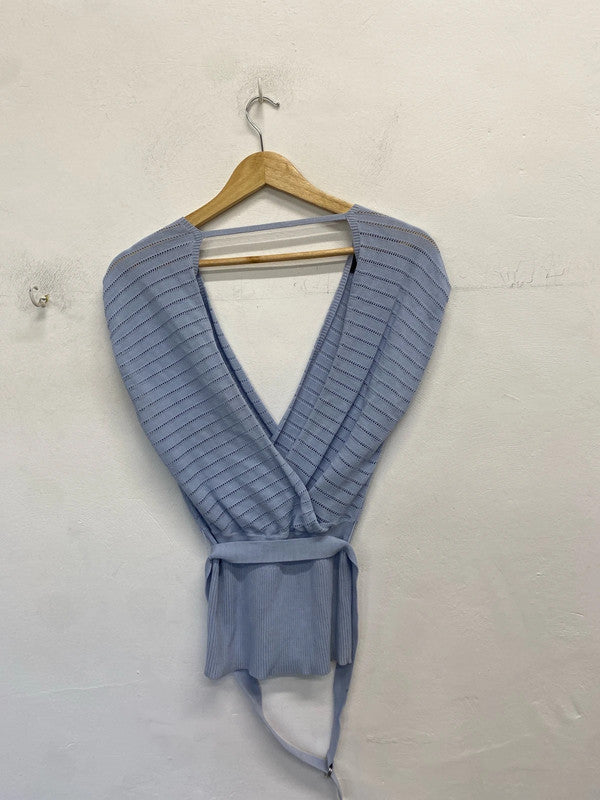 Lovely Karen Millen blue crochet low bust belted top UK S JM005