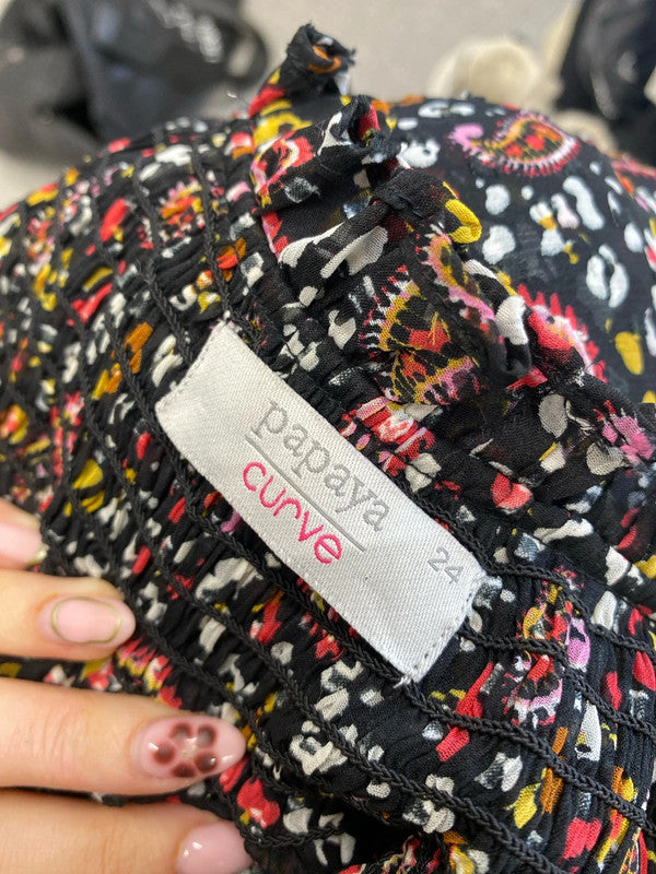 Lovely papaya semi sheer paisley black pattern blouse top Uk 24 IM001