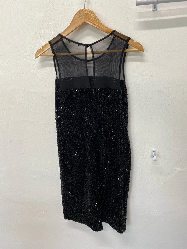 Fabulous New Look black sequin mini dress mesh straps Uk12 LL003