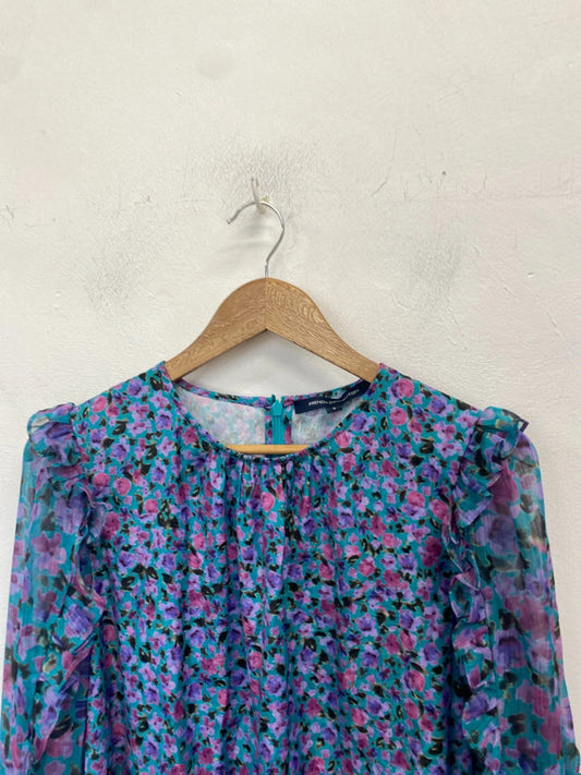 Lovely French connection floral frill blue blouse UK S HDR01