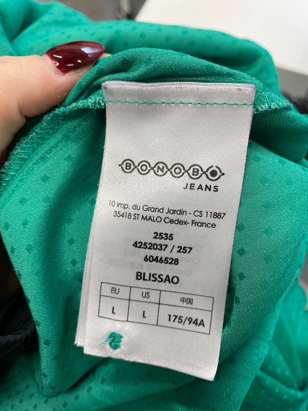 Lovely bonob jeans green spotted blouse UK L JB003