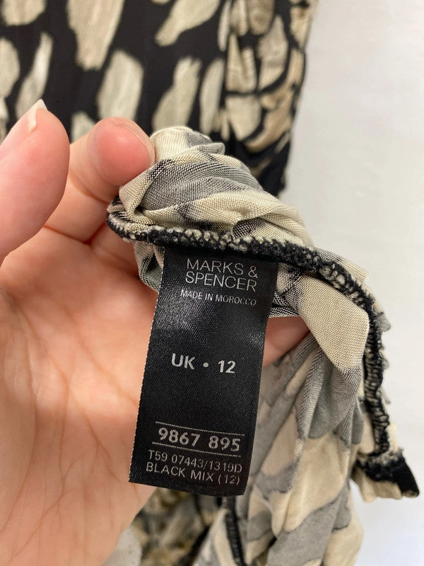 M&S Elegant Black & Beige Ruched Midi Dress UK 12 KM005