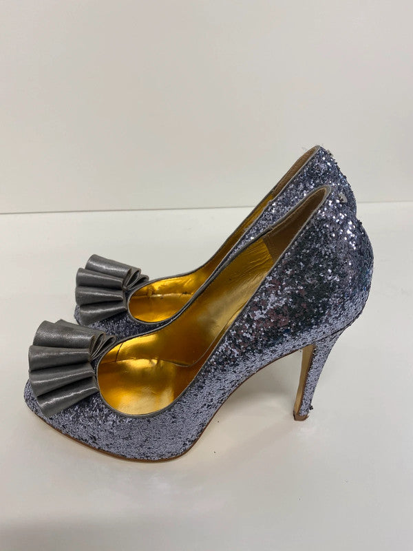 Fabulous Ted Baker Mayter pewter silver glitter stilettos Uk5 JA002
