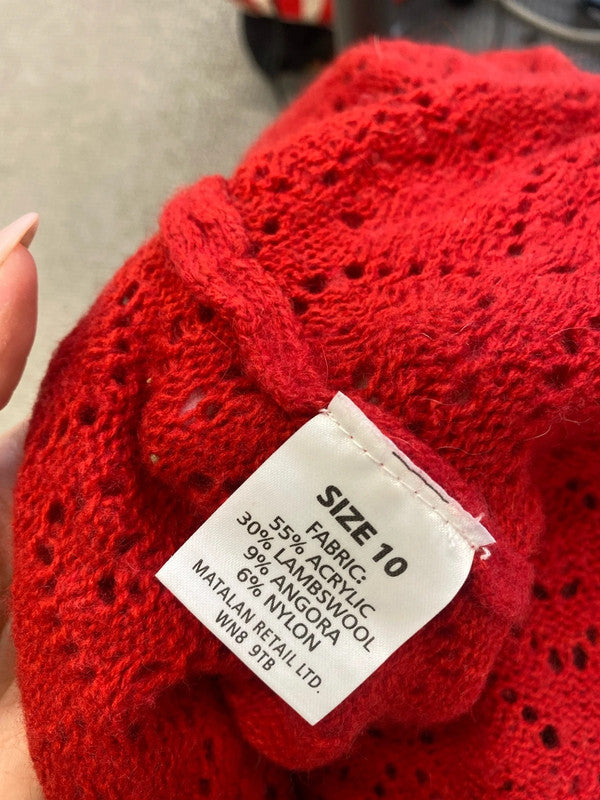 Lovely papaya lambs wool blend red broderie longline jumper UK 10 MM005