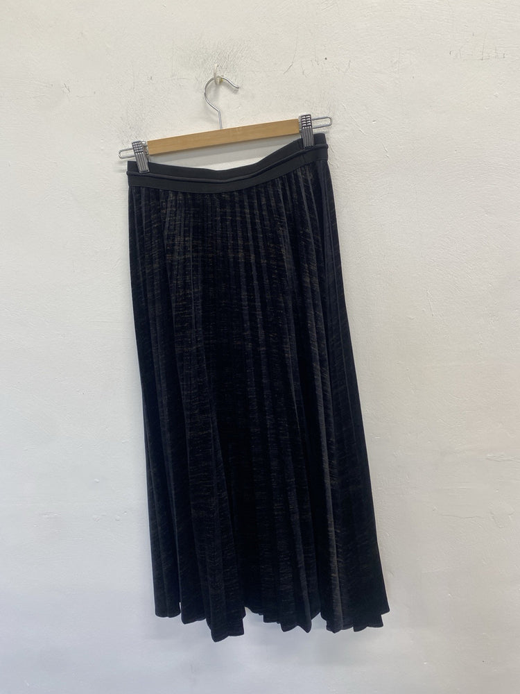 Lovely Hush Velvet Pleated Midi Skirt Black Thea Velour Waistband UK 10 JP001
