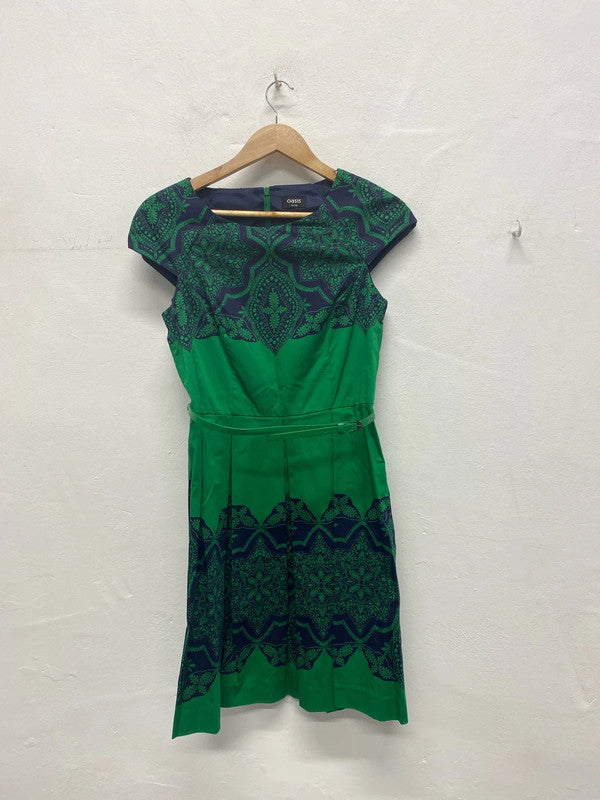 Stunning Oasis emerald Green Navy oriental party dress Uk10 MA003