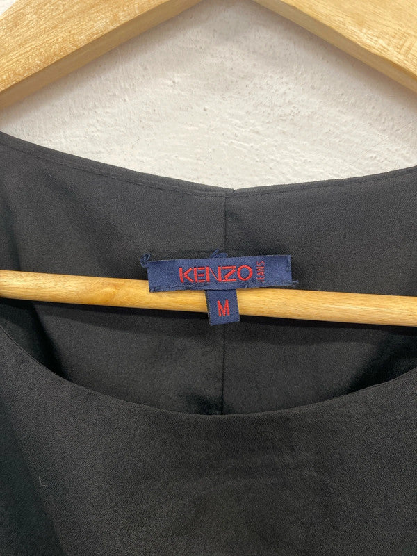 Kenzo Jeans Stylish Black Floral Appliqué Silk LBD Size M MS002