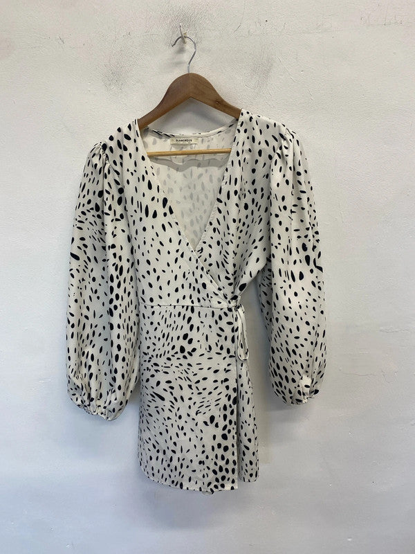 Lovely glamorous black white spotted midi wrap dress UK 12 LB004