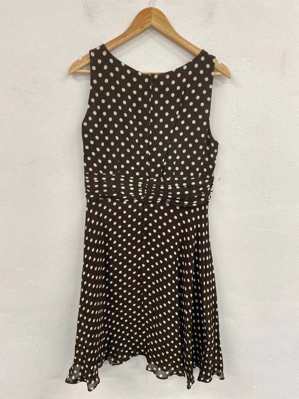 Wallis Elegant Brown & Cream Polkadot Midi Dress UK 14 FR001