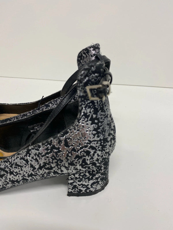 Fab black & Silver jacquard ankle strap occasion shoes Uk7 JW002