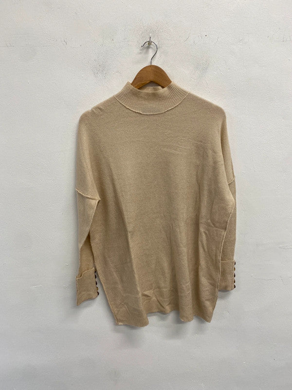 Lovely mint velvet beige high neck ribbed button sleeve jumper UK S AG006