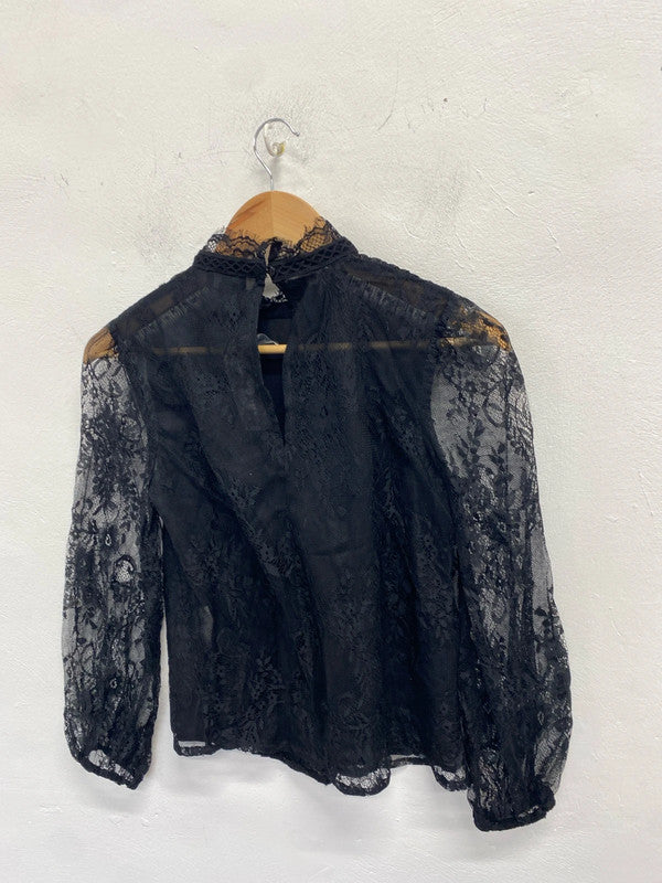 Stunning river island lace black front ruffle blouse UK S KM004