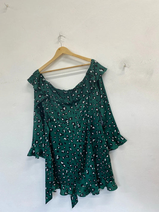 Stunning never fully dressed frill Mini dress Green leopard UK L LG006
