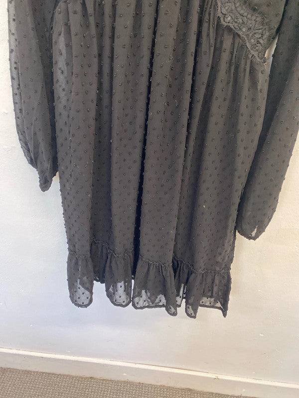 Stunning flamant rose black spotted semi sheer smock dress UK L AE001