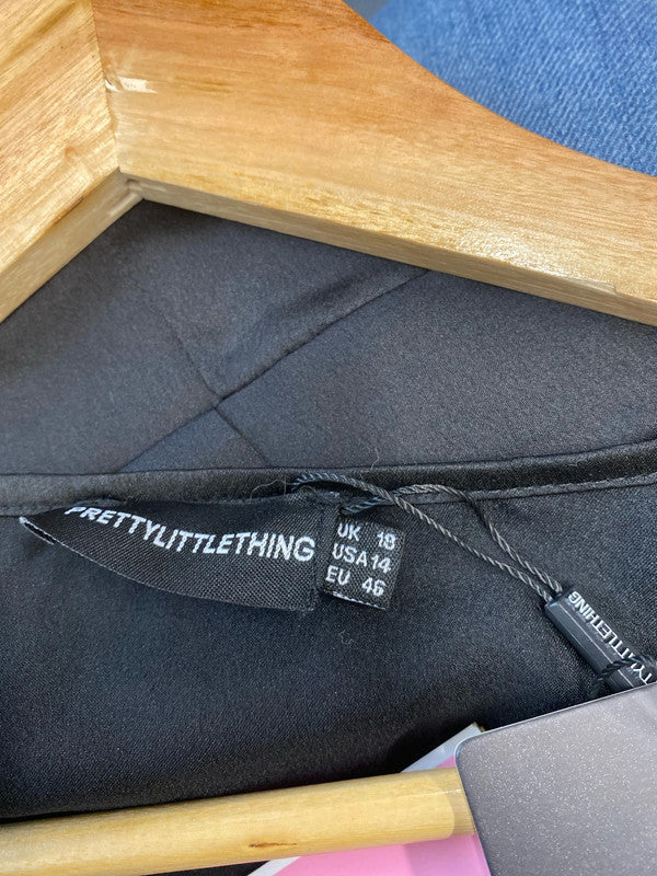 Fabulous Black PLT satin V neck dress Uk18 LG006