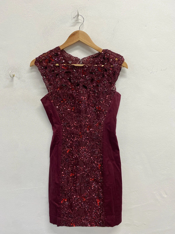Beautiful French connection burgundy sparkle lace trim midi dress UK S KM004