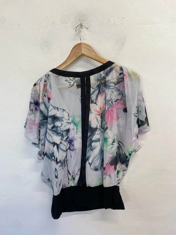Lovely coast white black floral frill sleeve top UK 12 KM005