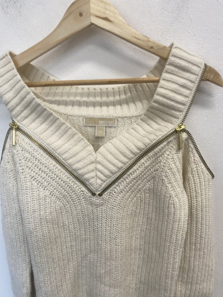 Lovely Michael Kors Cream Ribbed Zip Off The Shoulder Top UK XS JM008