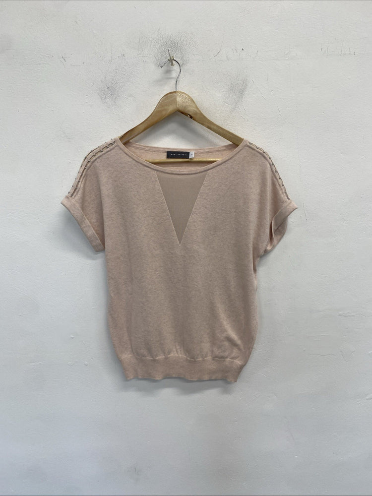 Mint Velvet sheer V spring knit top short sleeve jumper pink beaded UK XS SS004