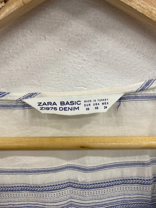 Zara Chic White & Blue Stripe Raw Edge Blouse Size XS AG006