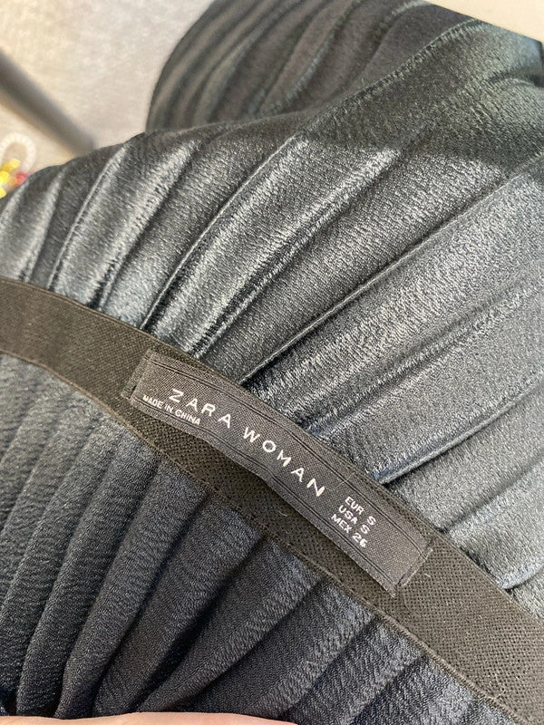 Lovely zara navy pleated metallic midi skirt UK S JM005