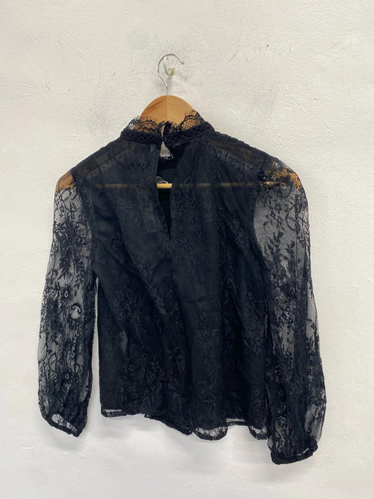 Stunning river island lace black front ruffle blouse UK S KM004