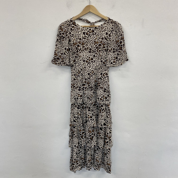 Oliver Bonas Leopard Print Tiered Midi Dress UK 6 NWT SD002