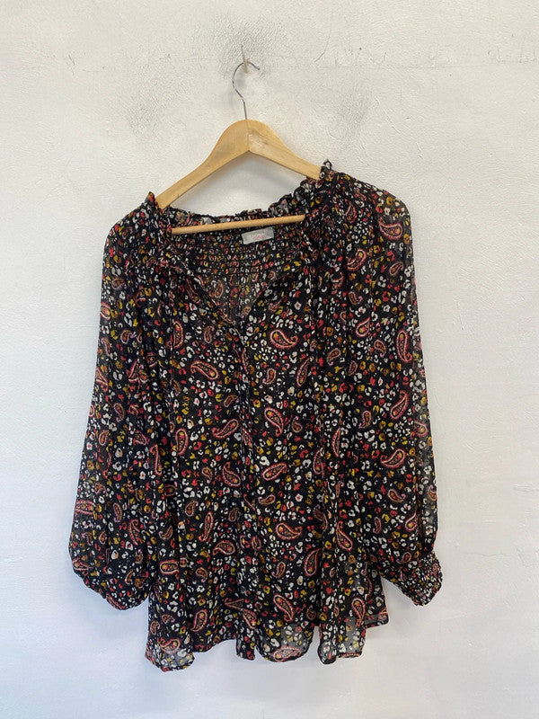 Lovely papaya semi sheer paisley black pattern blouse top Uk 24 IM001