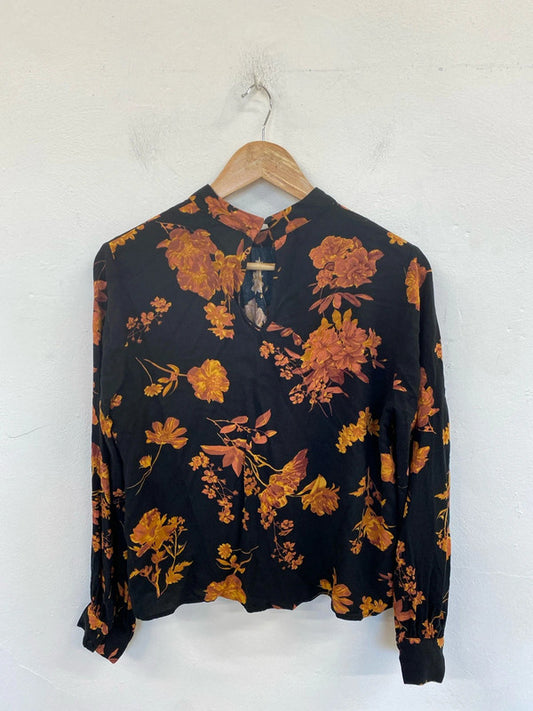 Warehouse Stylish Black & Orange Botanical Pattern Blouse UK 14 GW001