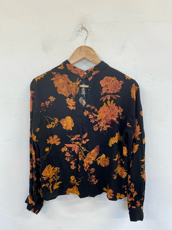 Warehouse Stylish Black & Orange Botanical Pattern Blouse UK 14 GW001