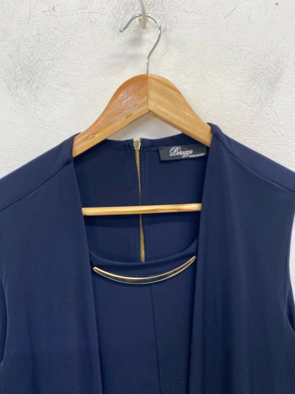 Gorgeous leruggi new navy drape shoulder midi dress UK 14 AE001