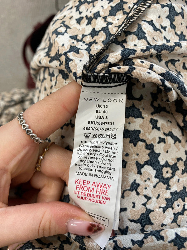 Lovely new look brown white floral blouse UK 12 NN001