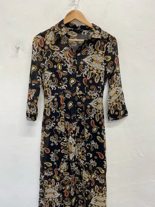 Lovely river island brown white pattern semi sheer slip maxi dress UK 8 KM004